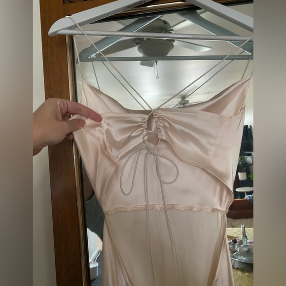 Blush-Cream Satin midi dress with a cowl neckline and a laced cross back. - Picture 3 of 7